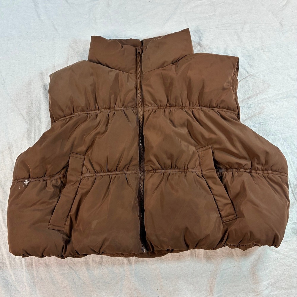 H&M Divided Women's Puffer Vest XL Brown Cropped Quilted Sleeveless Jacket V39